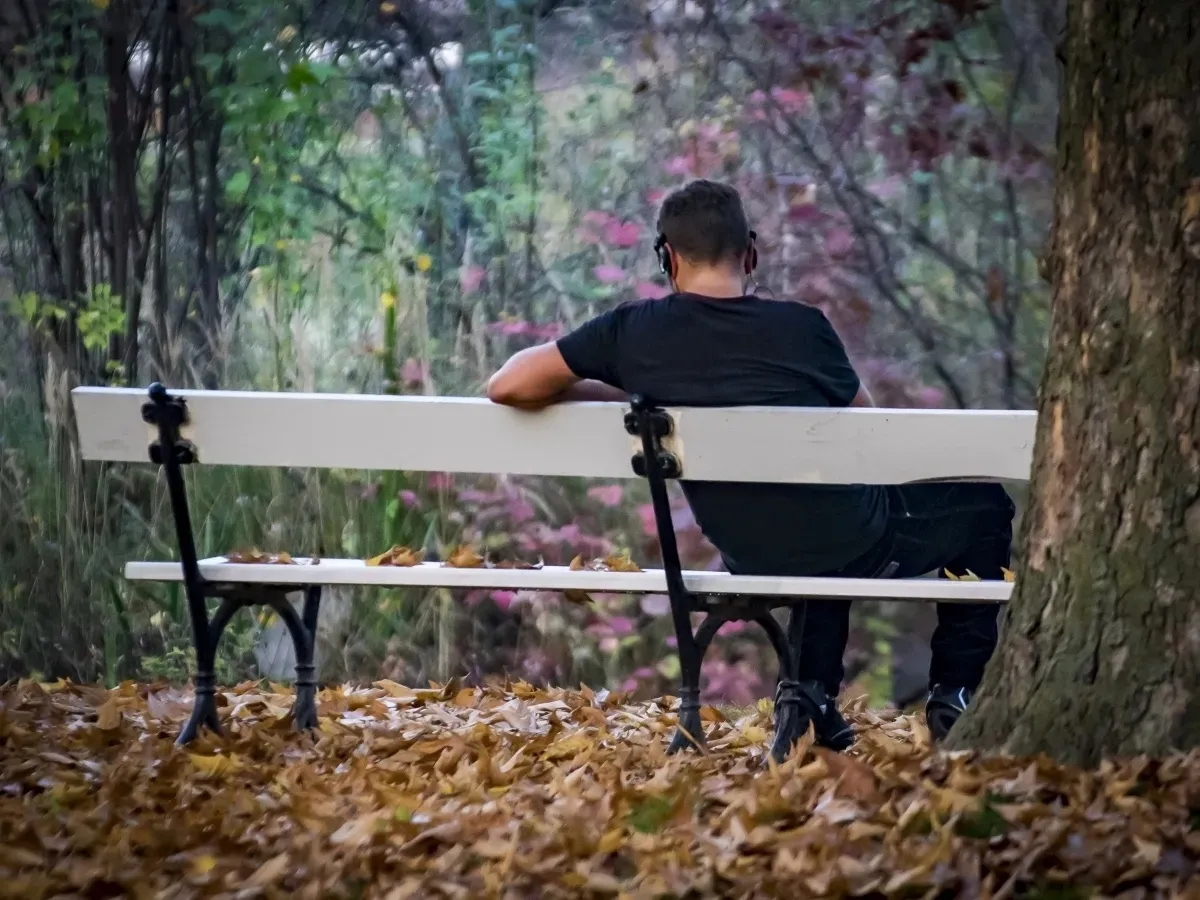 Man sitting alone on a park bench seen from behind in autumn leaves